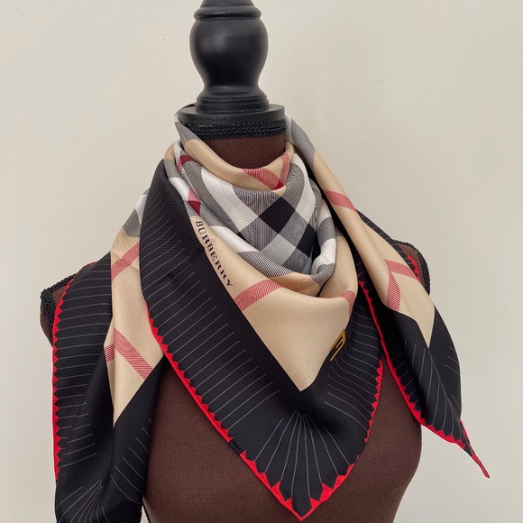 Display # 1 Burberry Scarf House Check Beige Black Border Silk Wrap - Picture 9 of 13